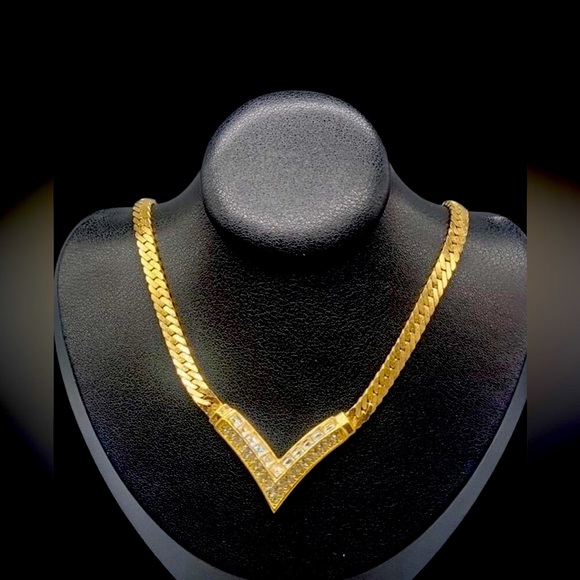 Christian Dior Crystal Necklace V Choker 17" Thick Herringbone Chain Gold 1998! - Picture 2 of 8